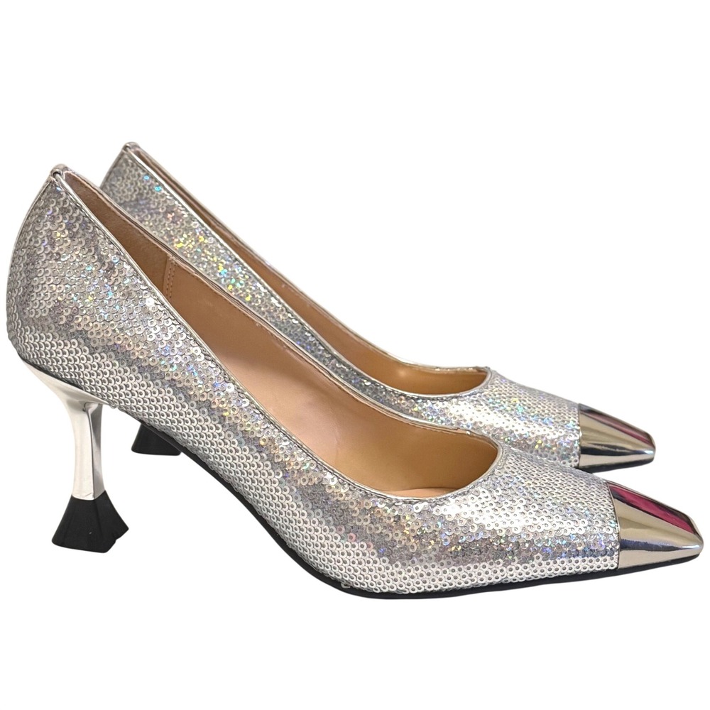 Findvell Silver Sequin Cap Toe Flared Heel Pumps Womens 5.5 Holographic Sparkle